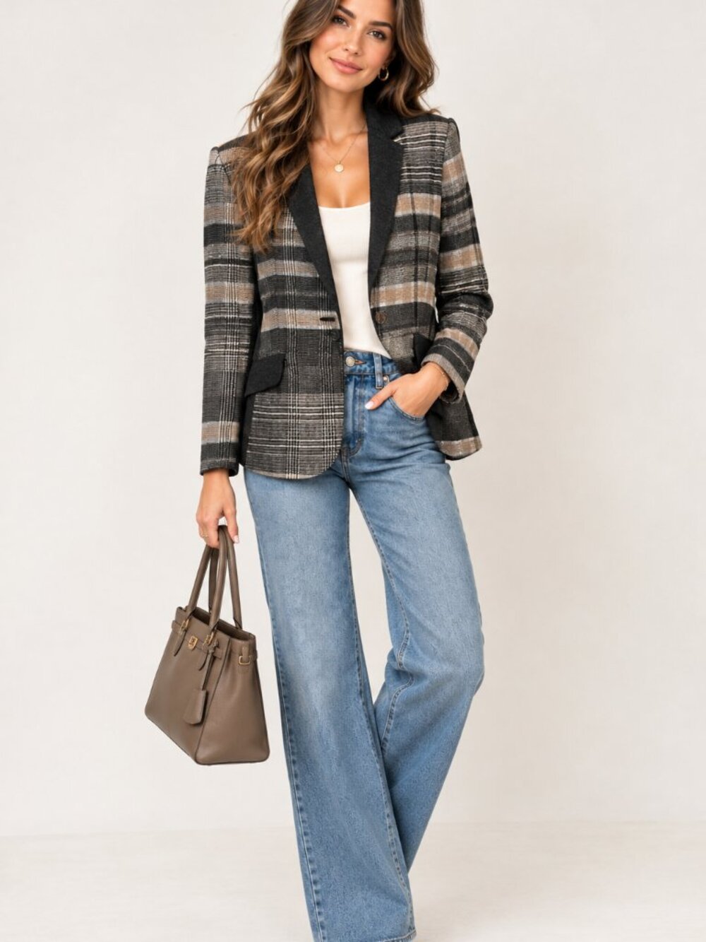 ZARA Gray Beige Plaid Linen Wool Blend Stretch Blazer Jacket